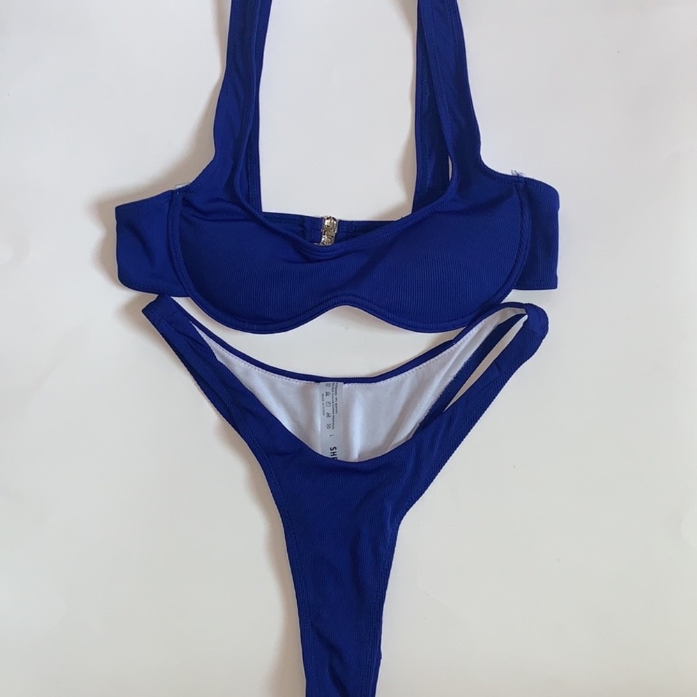 SHEIN Ribbed UnderWire High Cut  Bikini Set Royal Blue Large